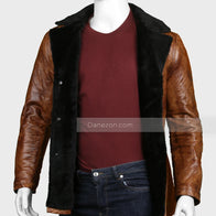 Mens Distressed Brown Shearling Leather Coat Leather Jacket men detail view 6 | Dash Racegear — Black Shearling with Brown Leather Jacket