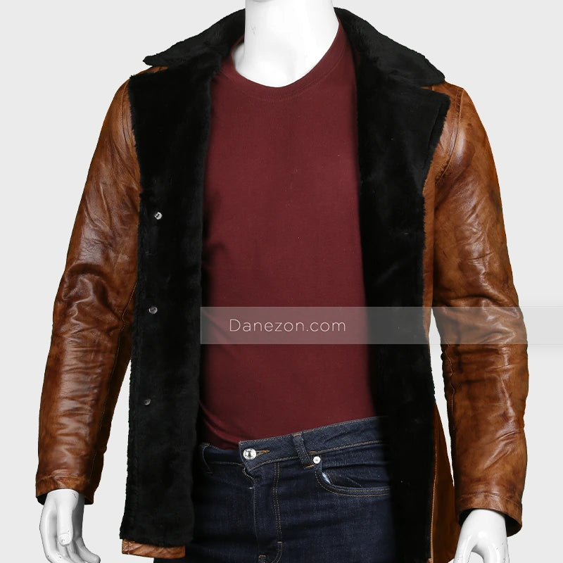Mens Distressed Brown Shearling Leather Coat Leather Jacket men detail view 6 | Dash Racegear — Black Shearling with Brown Leather Jacket