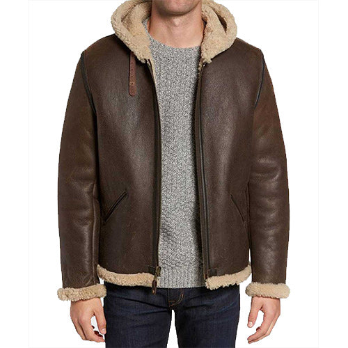 Mens Dark Brown Hooded B6 Shearling Jacket Jacket men detail view 4 | Dash Racegear — Mens Dark Brown B6 Shearling Hooded Jacket