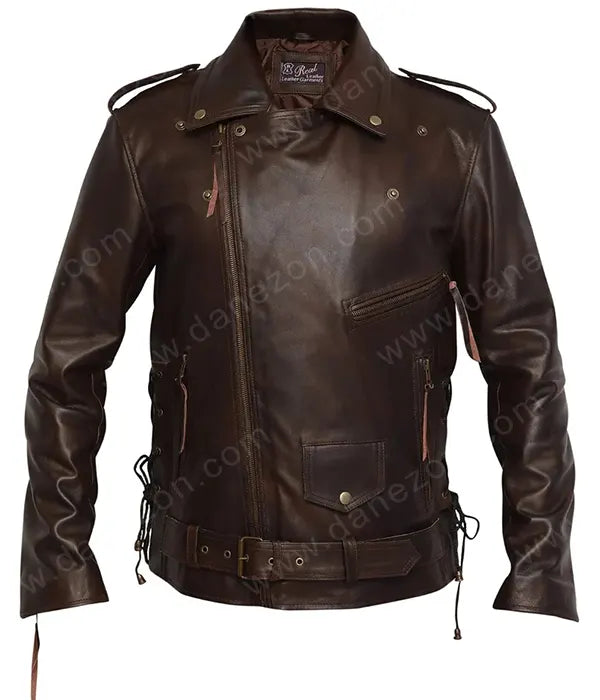 Mens Dark Brown Biker Leather Jacket Leather Jacket men detail view 3 | Dash Racegear — Mens Cafe Racer Dark Brown Leather Jacket