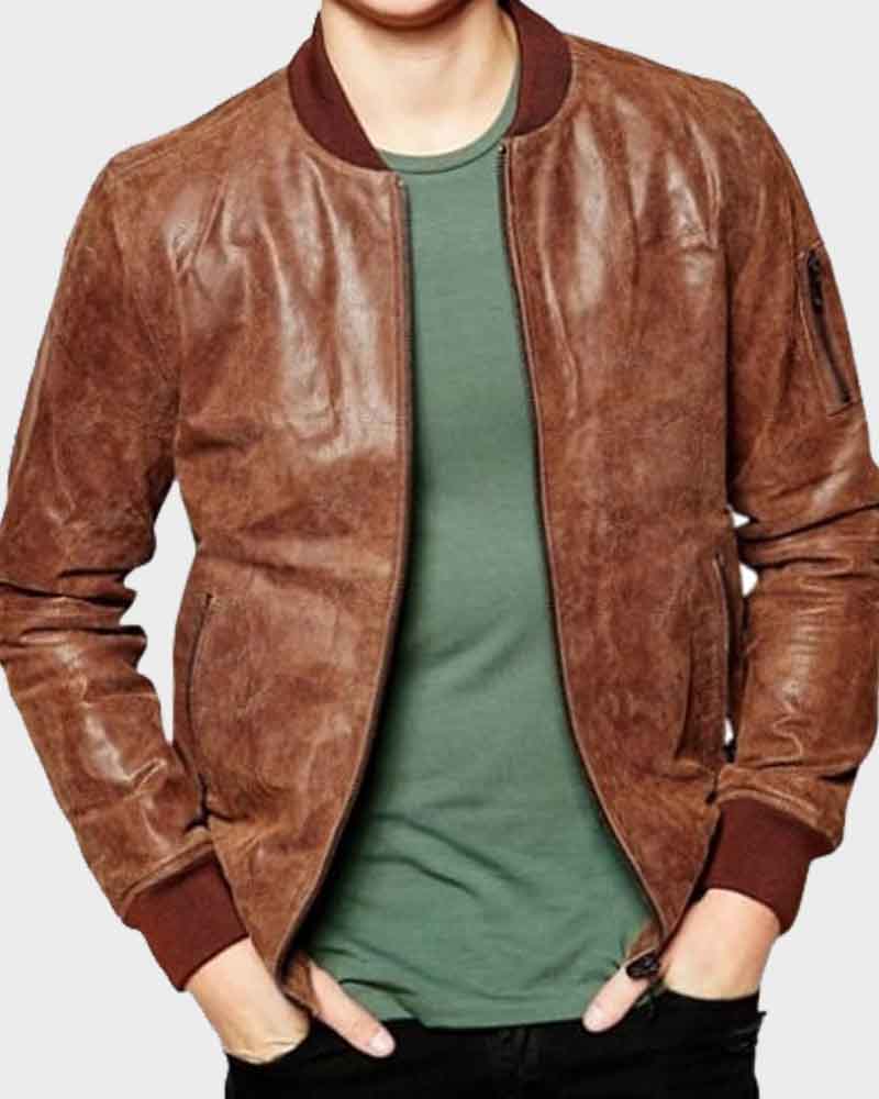 Mens Dark Brown Bomber Jacket Bomber Jacket men front product view | Dash Racegear — Distressed Leather Mens Dark Brown Bomber Jacket