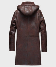 Mens Hooded Dark Brown Sheepskin Shearling Leather Coat Jacket men detail view 3 | Dash Racegear — Mens Brown Shearling Hooded Leather Coat