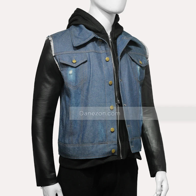 Mens Hooded Leather Denim Jacket Denim Jacket men detail view 3 | Dash Racegear — Denim Leather Jacket | Denim Hooded Jacket