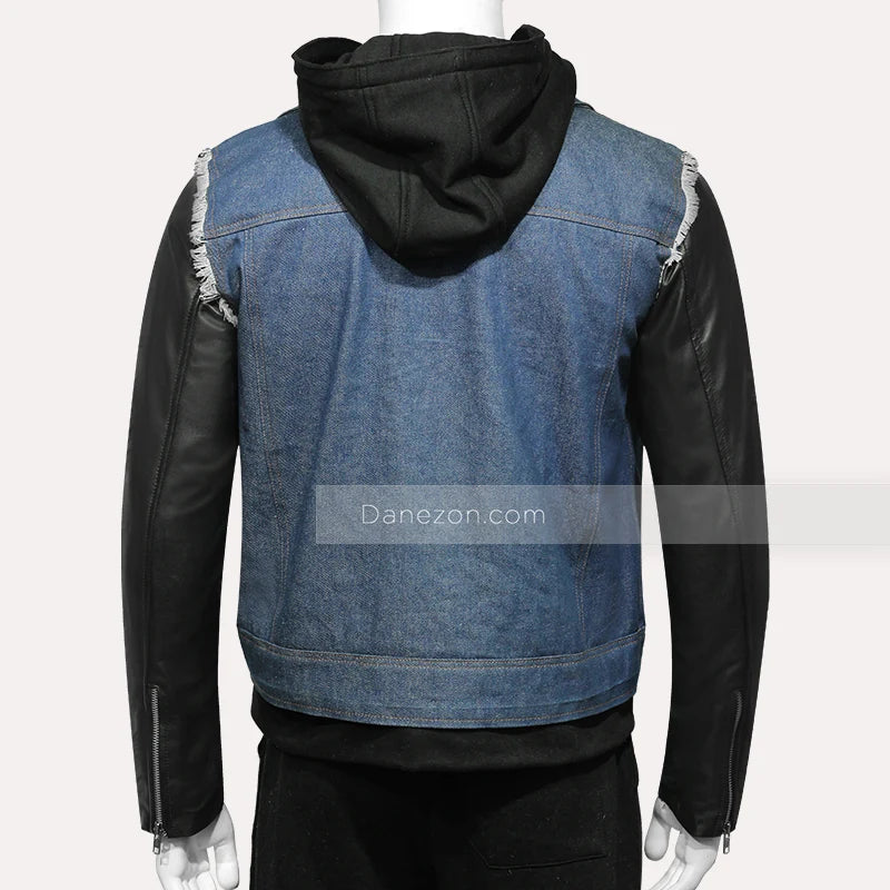 Mens Hooded Leather Denim Jacket Denim Jacket men detail view 4 | Dash Racegear — Mens hooded denim leather jacket