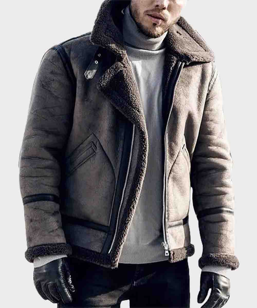 Mens Distressed B3 Shearling Leather Jacket Leather Jacket men front product view | Dash Racegear — Mens B3 Distressed Winter Shearling Leather Jacket