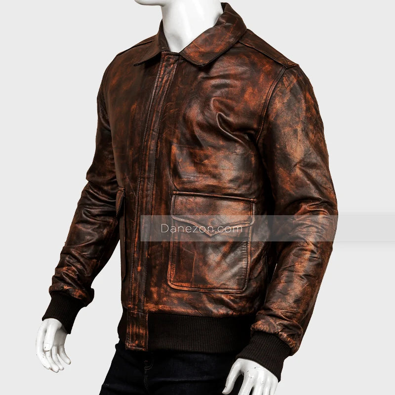 Mens Distressed Brown Bomber Leather Jacket Bomber Jacket men detail view 2 | Dash Racegear — Distressed Brown Bomber Jacket Mens
