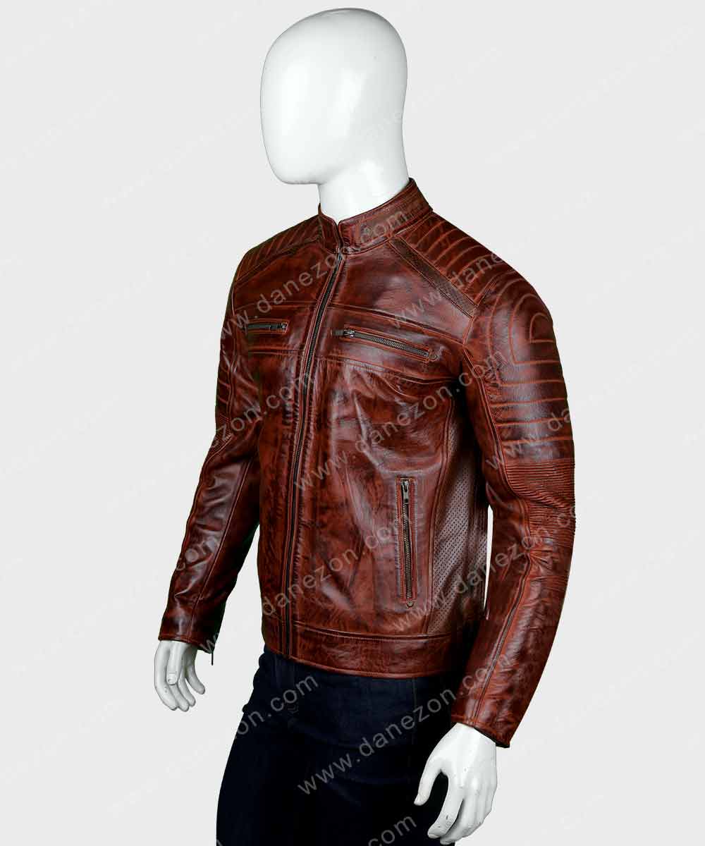 Mens Brown Cafe Racer Leather Jacket Biker Jacket men detail view 3 | Dash Racegear — Brown Cafe Racer Mens Leather Jacket