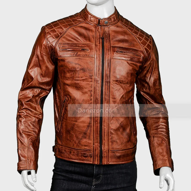 Mens Distressed Vintage Brown Cafe Racer Leather Jacket Biker Jacket men front product view | Dash Racegear — Mens Distressed Vintage Brown Cafe Racer Leather Jacket