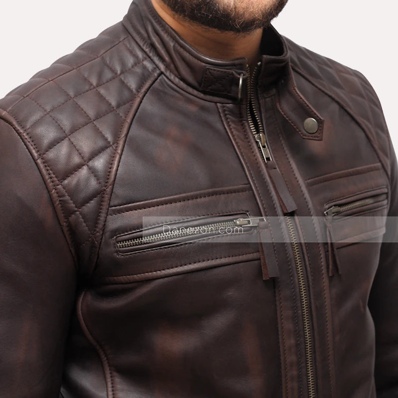 David Quilted Shoulder Distressed Leather Jacket Leather Jacket unisex detail view 2 | Dash Racegear — Distressed Leather Mens Brown Jacket