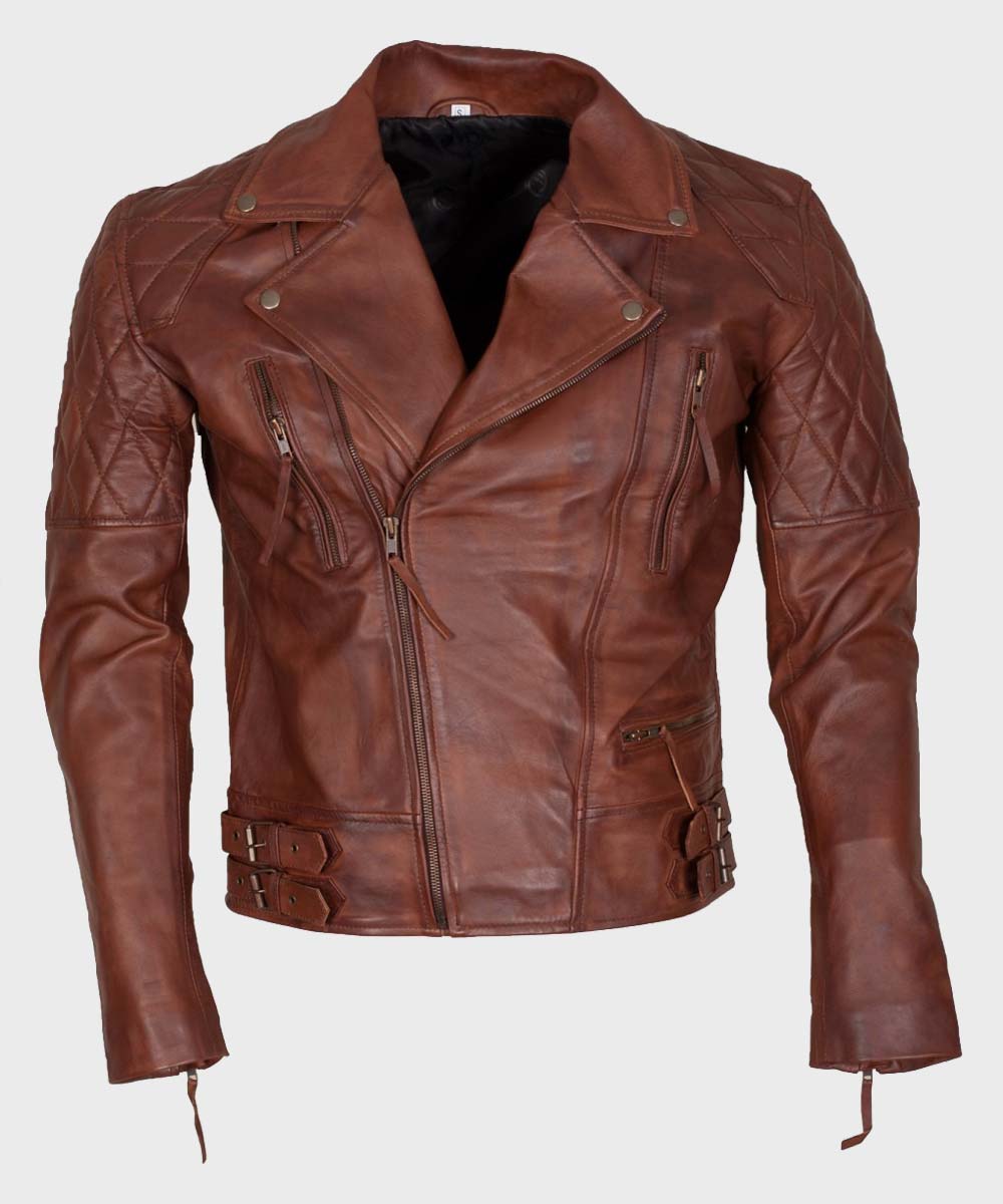 Mens Distressed Brown Motorcycle Jacket Biker Jacket men front product view | Dash Racegear — Mens Distressed Leather Motorcycle Brown Jacket