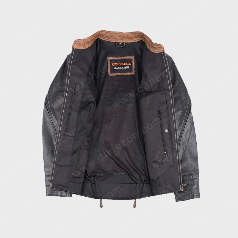 Mens Distressed Brown And Black Leather Jacket Leather Jacket men detail view 3 | Dash Racegear — Distressed Mens Black And Brown Leather Jacket