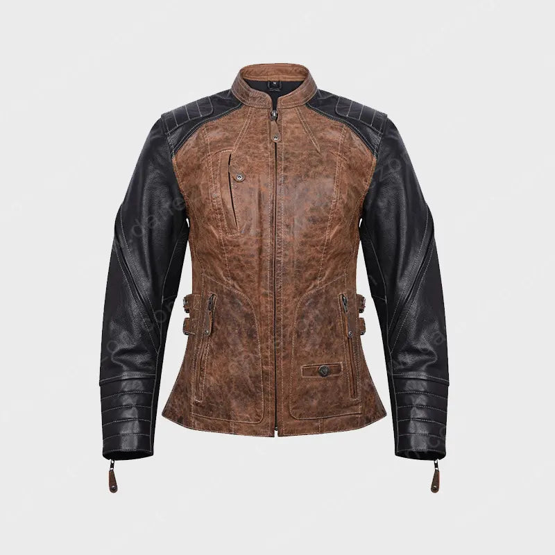 Mens Distressed Brown And Black Leather Jacket Leather Jacket men front product view | Dash Racegear — Mens Distressed Brown And Black Leather Jacket