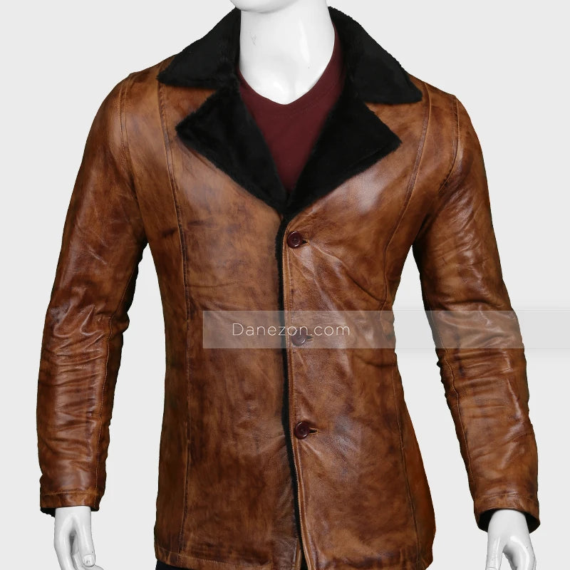 Mens Distressed Brown Shearling Leather Coat Leather Jacket men front product view | Dash Racegear — Black and Brown Shearling Leather Coat