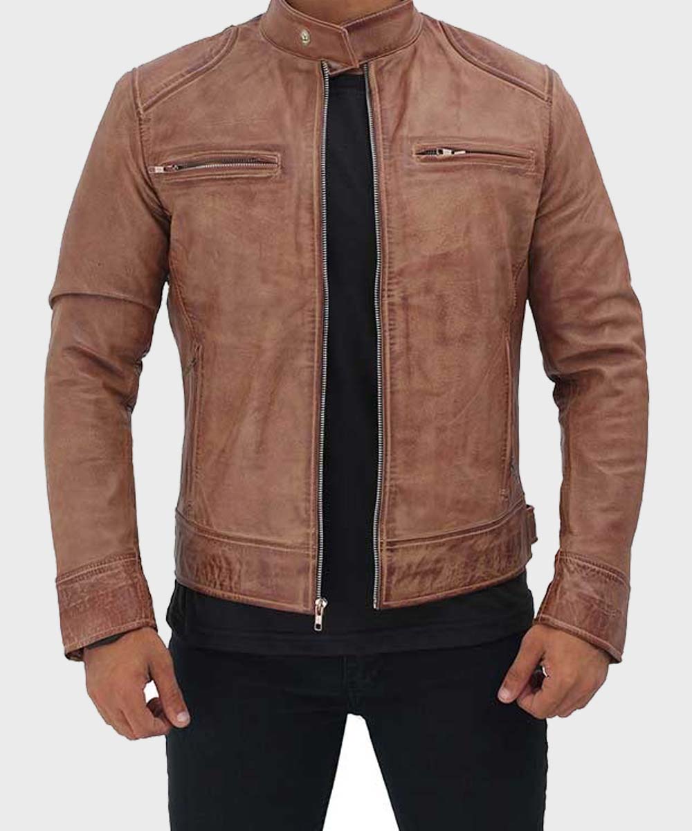 Mens Distressed Tan Brown Cafe Racer Jacket Biker Jacket men front product view | Dash Racegear — Men's Cafe Racer Tan Brown Distressed Leather Jacket