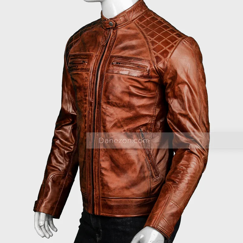 Mens Distressed Vintage Brown Cafe Racer Leather Jacket Biker Jacket men detail view 2 | Dash Racegear — Vintage Brown Cafe Racer Leather Jacket