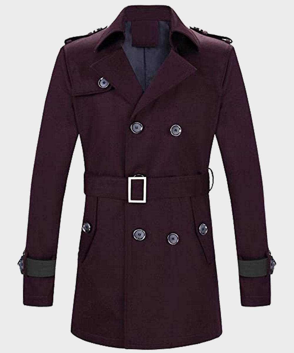 Mens Double-Breasted Purple Coat Coat men front product view | Dash Racegear — Mens Double-Breasted Maroon Wool Coat with Belt