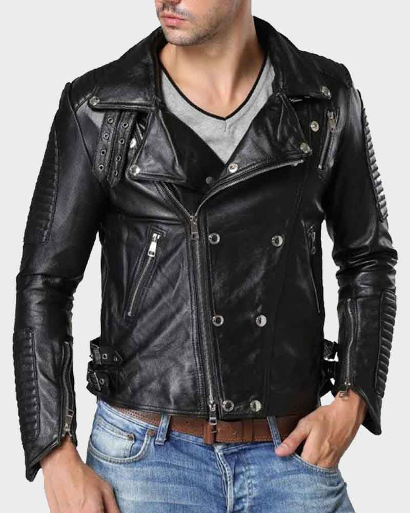 Mens Double Breasted Black Motorcycle Jacket Biker Jacket men front product view | Dash Racegear — Mens Double Breasted Black Motorcycle Leather Jacket