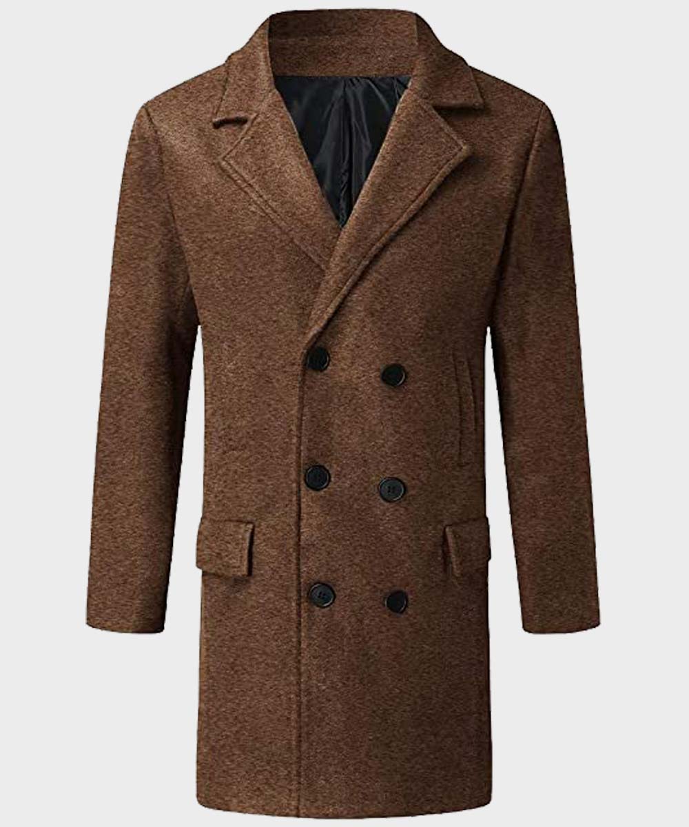 Mens Double Breasted Brown Coat Coat men front product view | Dash Racegear — Mens Double Breasted Brown Mid-Length Coat