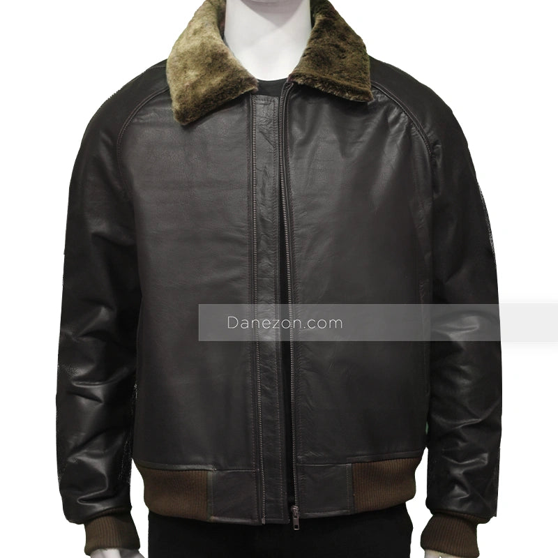 Mens Faux Fur Collar Black Bomber Jacket Bomber Jacket men detail view 3 | Dash Racegear — Black Bomber Faux Collar Leather Jacket