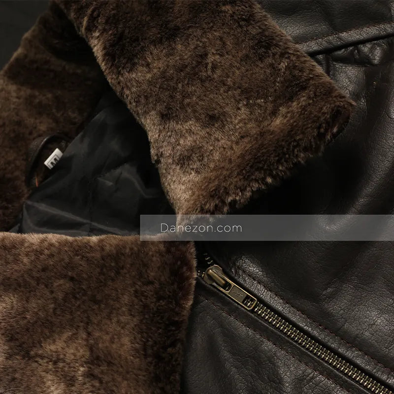 Mens Faux Fur Collar Black Bomber Jacket Bomber Jacket men detail view 4 | Dash Racegear — Faux Collar Leather Bomber Jacket Mens
