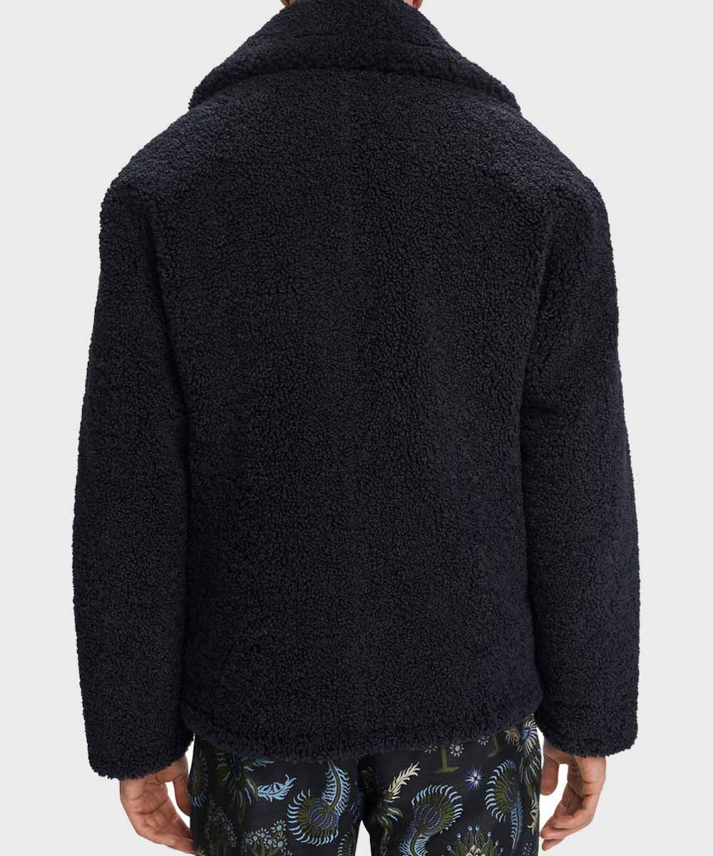 Mens Black Faux Shearling Peacoat Jacket men detail view 3 | Dash Racegear — Mens Shearling Black Fur Coat