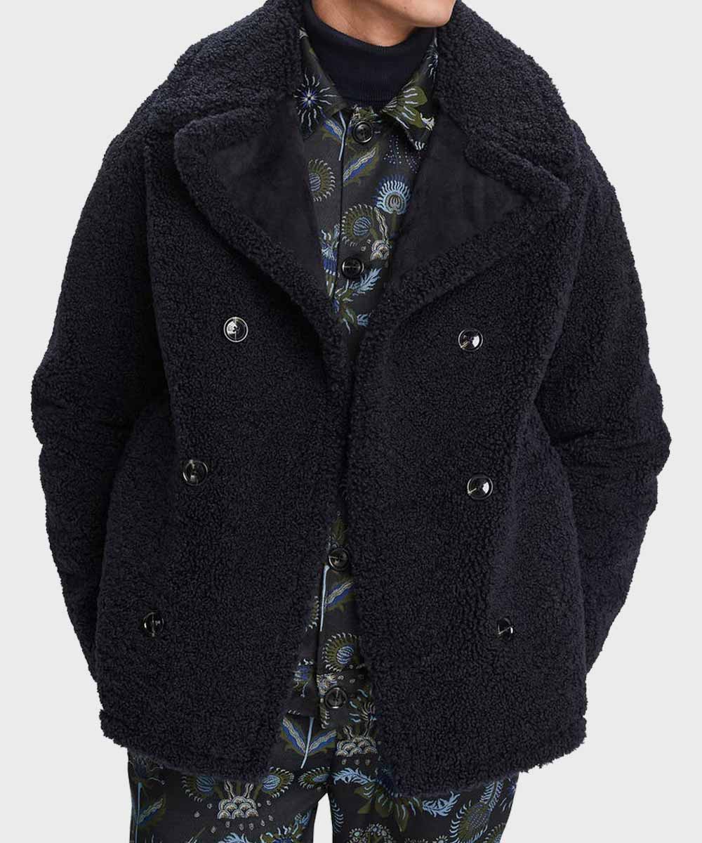 Mens Black Faux Shearling Peacoat Jacket men detail view 2 | Dash Racegear — Faux Shearling Black Mens Peacoat