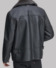 Mens Black Leather Faux Shearling Collar Jacket Jacket men detail view 2 | Dash Racegear — Mens Faux Shearling Collar Black Genuine Leather Jacket