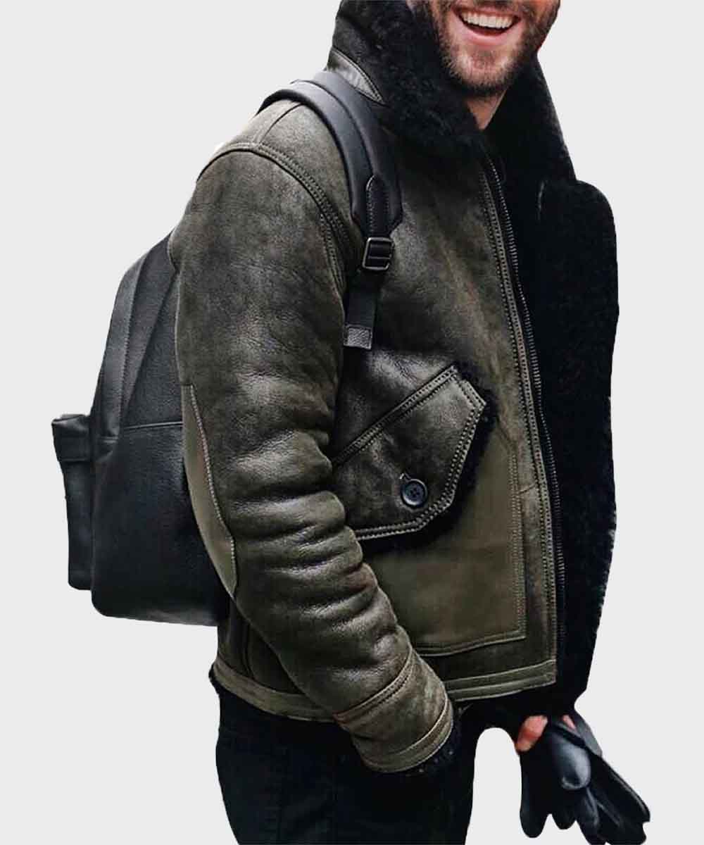 Mens Faux Shearling Military Green Distressed Jacket Leather Jacket men front product view | Dash Racegear — Mens Distressed Shearling Military Green Leather jacket