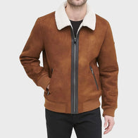 Mens Brown Faux Shearling Suede Leather Jacket Leather Jacket men front product view | Dash Racegear — Mens Brown Faux Shearling Suede Leather Jacket