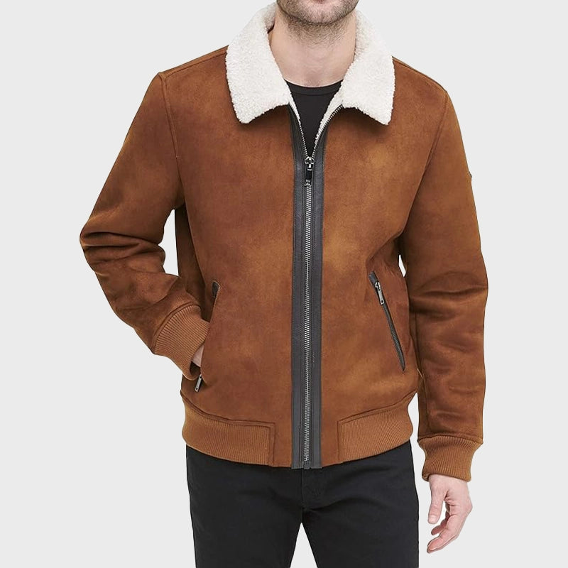 Mens Brown Faux Shearling Suede Leather Jacket Leather Jacket men front product view | Dash Racegear — Mens Brown Faux Shearling Suede Leather Jacket