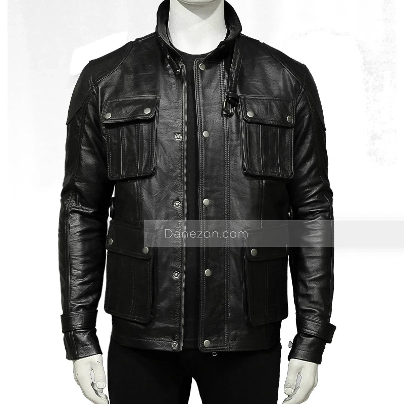 Mens Four Pocket Black Leather Jacket Leather Jacket men front product view | Dash Racegear — Four Pocket Leather Jacket Mens