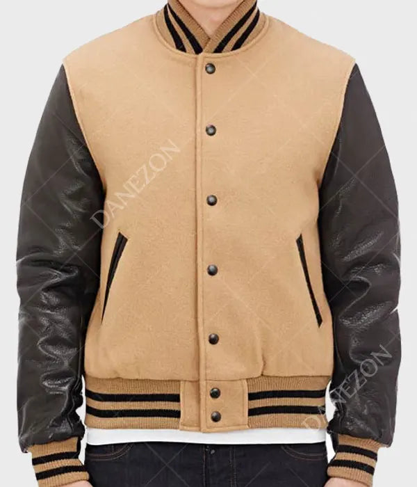 Mens Golden Bear Varsity Jacket Varsity Jacket men front product view | Dash Racegear — Golden Bear Brown Varsity Jacket