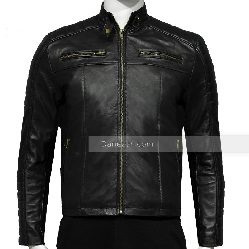 Mens Black Padded Biker Leather Jacket Leather Jacket men front product view | Dash Racegear — Golden Zipper Black Leather Jacket Mens