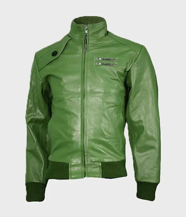Mens Green Bomber Leather Jacket Bomber Jacket men front product view | Dash Racegear — Green Bomber Leather Jacket Mens
