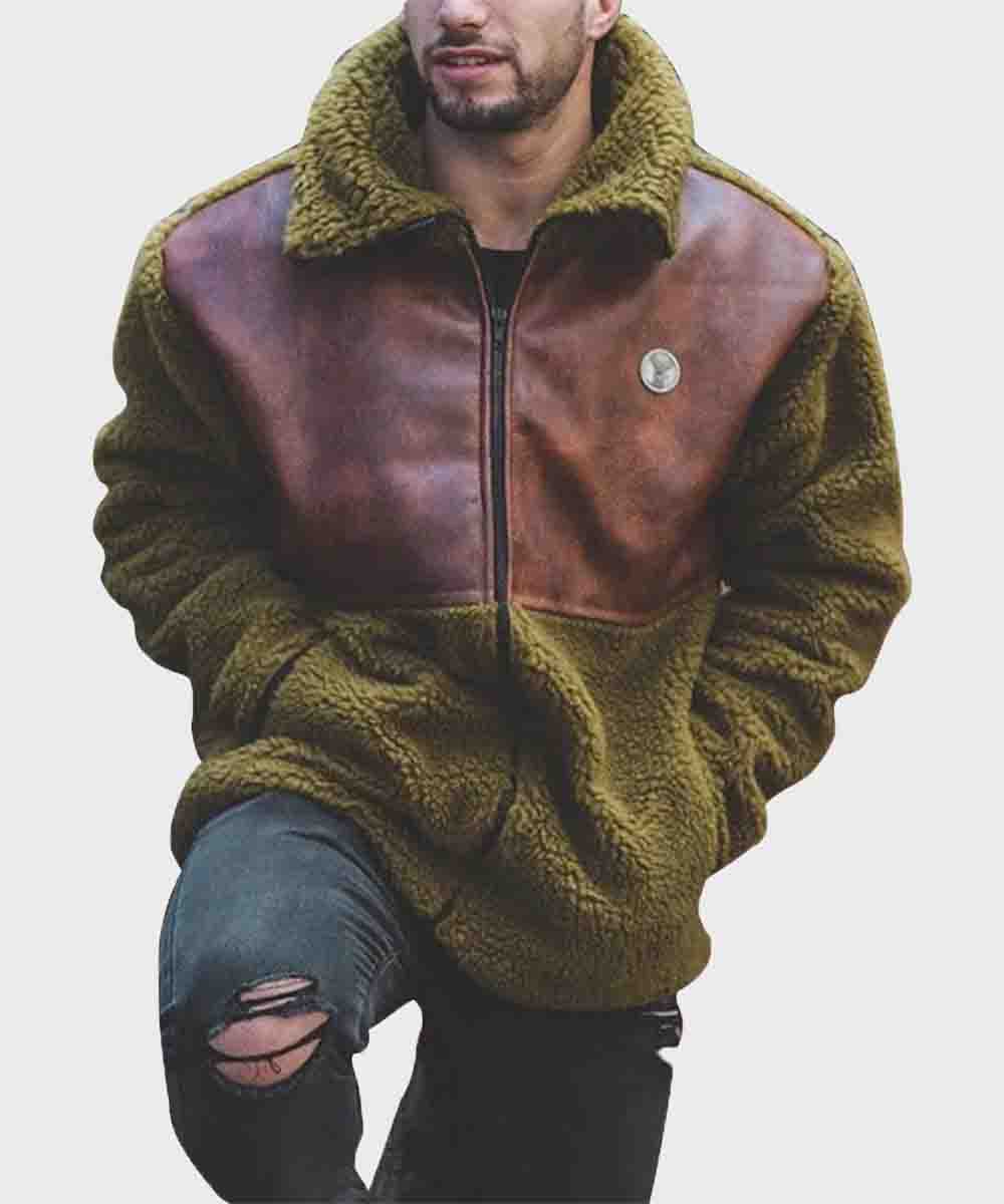 Mens Leather Shearling Green Winter Jacket Jacket men front product view | Dash Racegear — Mens Green Winter Shearling Leather Jacket