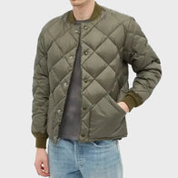 Mens Green Quilted Bomber Puffer Jacket Puffer Jacket men front product view | Dash Racegear — Mens Quilted Green Bomber Puffer Jacket