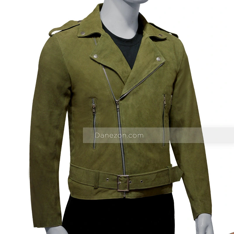 Mens Olive Green Suede Leather Jacket Leather Jacket men detail view 2 | Dash Racegear — Olive Green Suede Leather Jacket Mens