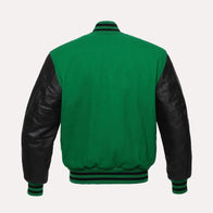 Mens Green Varsity Jacket Varsity Jacket men detail view 2 | Dash Racegear — Men’s Green and Black Varsity Jacket with Leather Sleeves