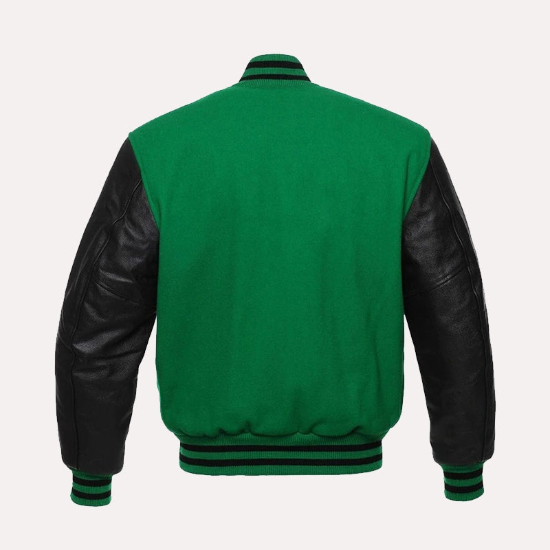 Mens Green Varsity Jacket Varsity Jacket men detail view 2 | Dash Racegear — Men’s Green and Black Varsity Jacket with Leather Sleeves