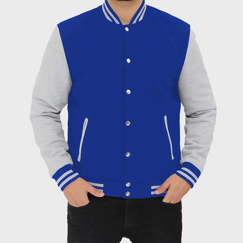 Mens Grey And Blue Fleece Varsity Jacket Varsity Jacket unisex front product view | Dash Racegear — Mens Grey And Blue Fleece Varsity Baseball Jacket