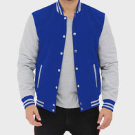 Mens Grey And Blue Fleece Varsity Jacket Varsity Jacket unisex detail view 2 | Dash Racegear — Mens Grey And Blue Fleece Varsity Jacket