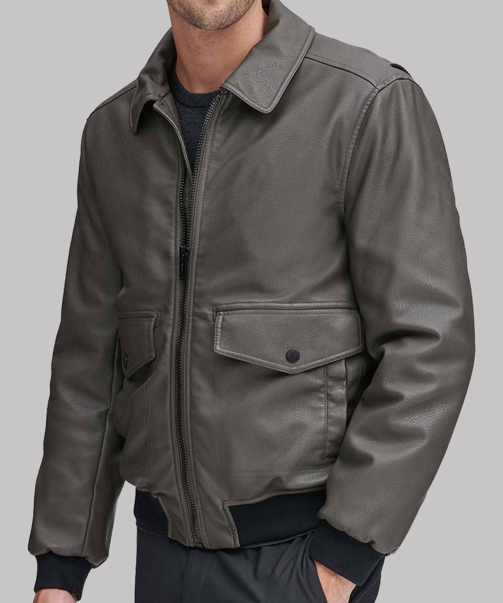 Mens Grey Leather Bomber Jacket Bomber Jacket men front product view | Dash Racegear — Grey Leather Mens Bomber Jacket