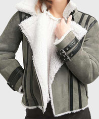 Womens Shearling Grey Leather Jacket Leather Jacket women detail view 2 | Dash Racegear — Classic Shearling Mens Grey Leather Jacket