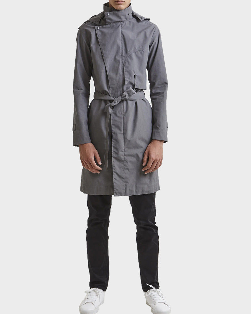 Mens Grey Zipper Trench Coat Coat men front product view | Dash Racegear — Grey Hooded Raincoat for Mens