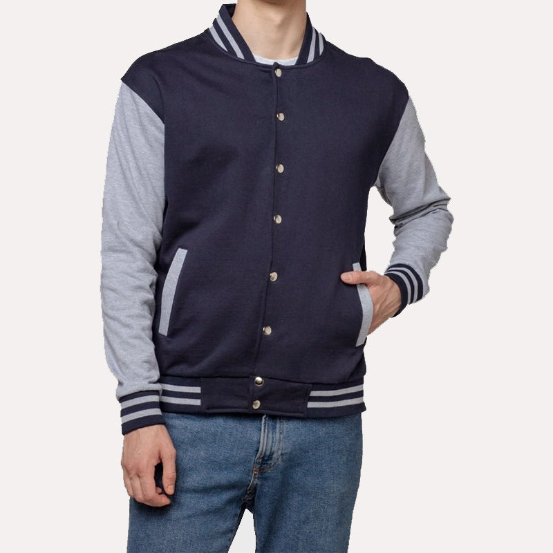 Mens Grey And Blue Varsity Jacket Varsity Jacket unisex front product view | Dash Racegear — Grey and Blue Varsity Jacket