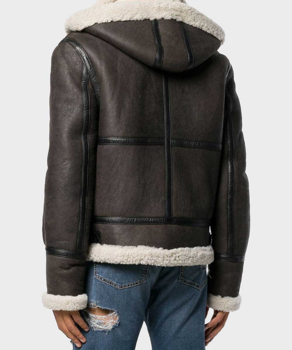 Mens Aviator Charcoal Grey Shearling Hooded Jacket Jacket men detail view 3 | Dash Racegear — Mens B3 Charcoal Grey Shearling Leather Jacket