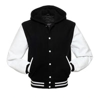Mens Black Hooded Varsity Jacket Varsity Jacket men front product view | Dash Racegear — Mens Black Varsity Jacket
