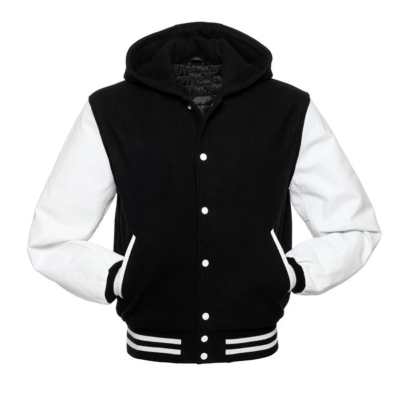 Mens Black Hooded Varsity Jacket Varsity Jacket men front product view | Dash Racegear — Mens Black Varsity Jacket