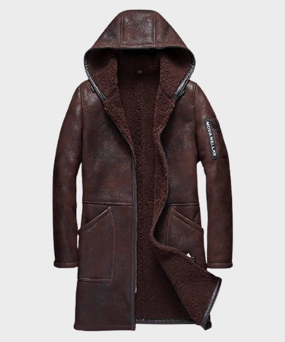 Mens Hooded Dark Brown Sheepskin Shearling Leather Coat Jacket men front product view | Dash Racegear — Mens Brown Hooded Shearling Sheepskin Leather Coat