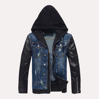 Mens Hooded Leather Denim Jacket Denim Jacket men front product view | Dash Racegear — Denim leather jacket mens